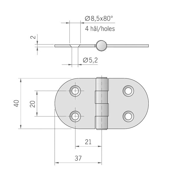 Roca-Scharnier mit zentrierter Welle 74 x 40 mm AISI 316