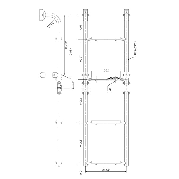 Bathing ladder 2+2 RF steel with 4 teak steps