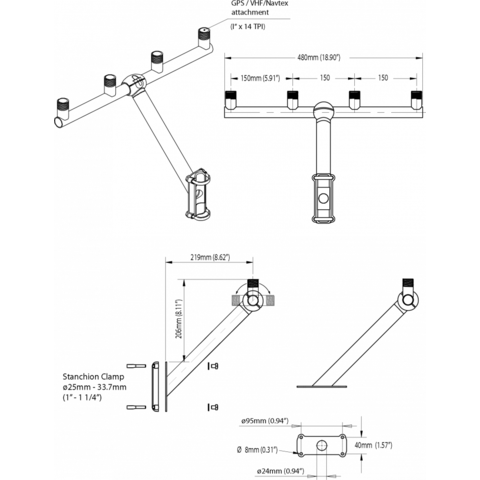 Scanstrut T‐Bar for 4 x GPS / VHF / Antenna