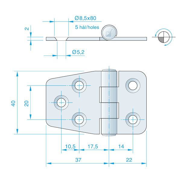Hinge 37x37x22mm polished brass
