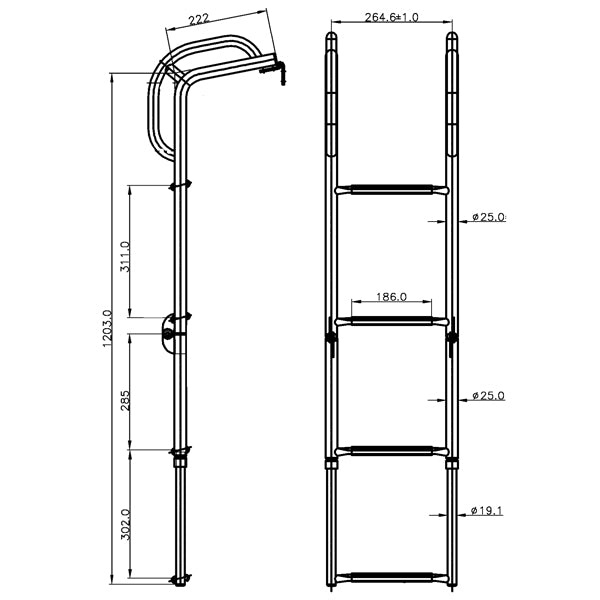 Bathing ladder for platform 4 steps b-220mm l615-1200mm d-240mm