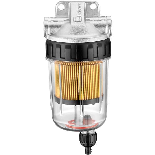 Fuel filter 10 micron, aluminum top, ready with drain.