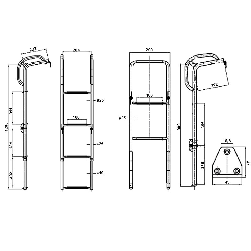 Ladder rf w/handle 4 steps 680 x 1200mm Brdr. 290 Tube 25mm