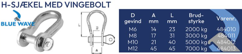 Sjækel H-type rustfri m. vingbolt